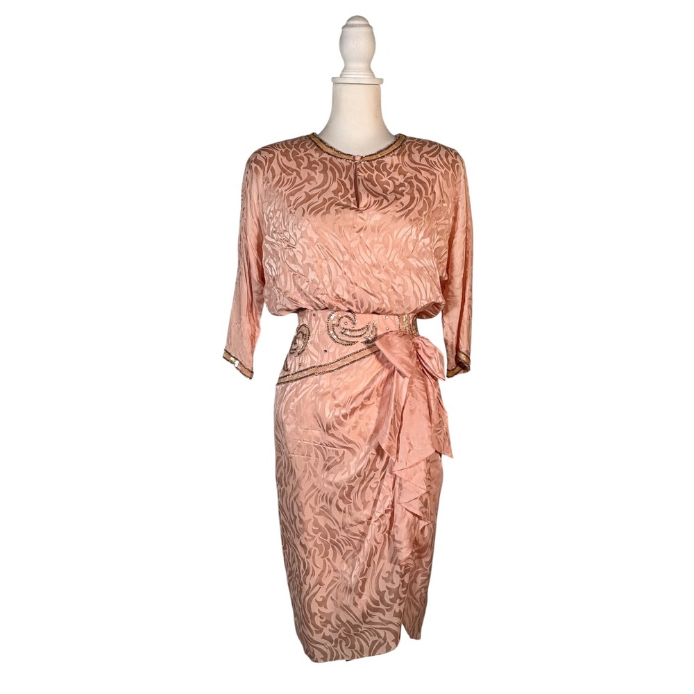 Vintage 80s 100% Silk Beaded Dress Sz 10 Pink Retro Glam Old Hollywood ‎ Chic